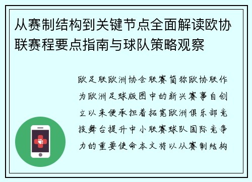 从赛制结构到关键节点全面解读欧协联赛程要点指南与球队策略观察