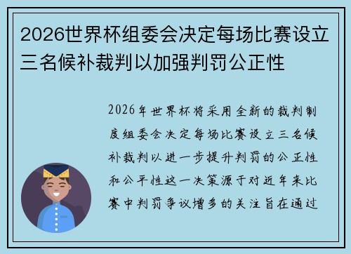 2026世界杯组委会决定每场比赛设立三名候补裁判以加强判罚公正性