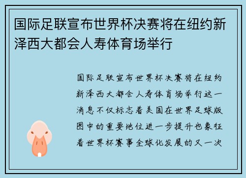 国际足联宣布世界杯决赛将在纽约新泽西大都会人寿体育场举行